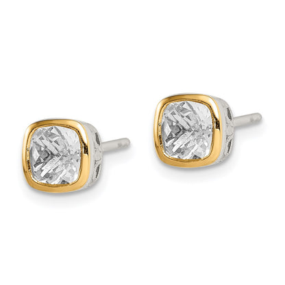 14K/Silver Two Tone Shey Couture Sterling Silver Rhodium Plated With 14K Accent White Topaz Square Stud Earrings
