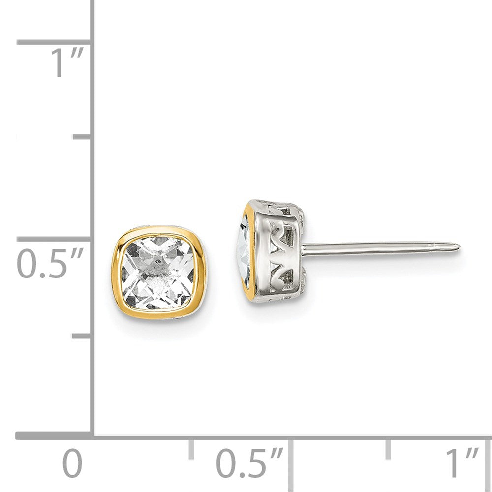 14K/Silver Two Tone Shey Couture Sterling Silver Rhodium Plated With 14K Accent White Topaz Square Stud Earrings