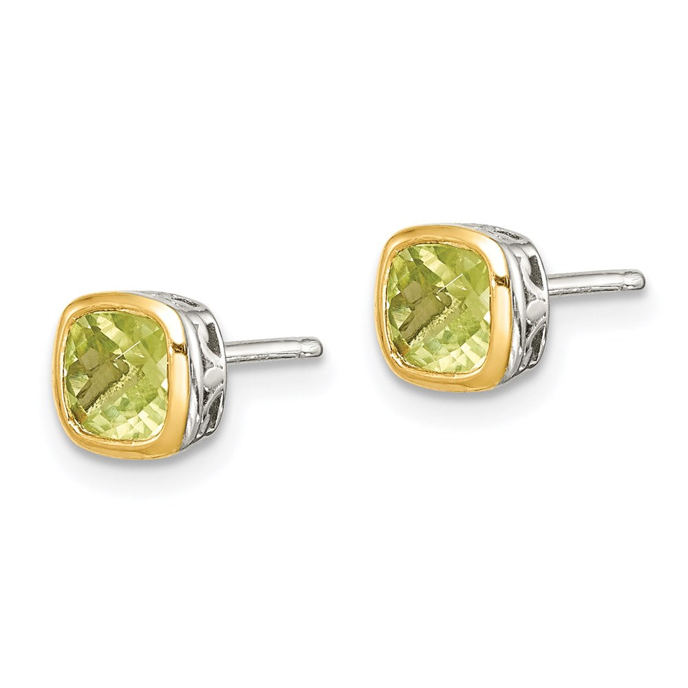 14K/Silver Two Tone Shey Couture Sterling Silver Rhodium Plated With 14K Accent Peridot Square Stud Earrings
