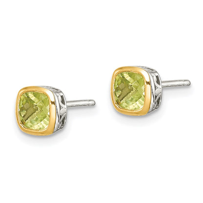 14K/Silver Two Tone Shey Couture Sterling Silver Rhodium Plated With 14K Accent Peridot Square Stud Earrings