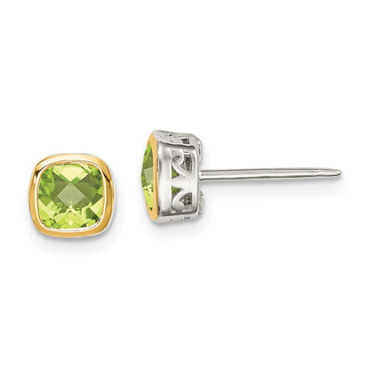 14K/Silver Two Tone Shey Couture Sterling Silver Rhodium Plated With 14K Accent Peridot Square Stud Earrings