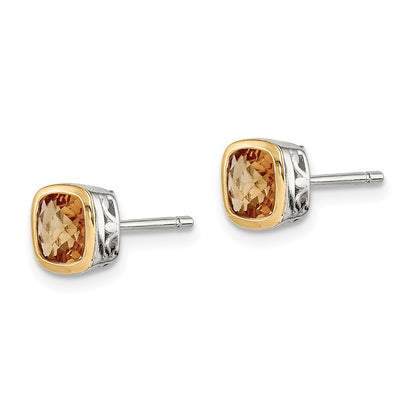 14K/Silver Two Tone Shey Couture Sterling Silver Rhodium Plated With 14K Accent Citrine Square Stud Earrings