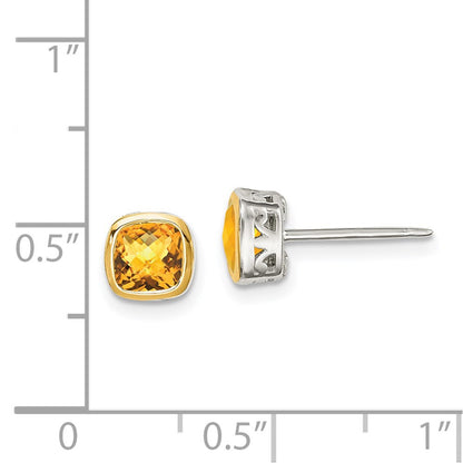 14K/Silver Two Tone Shey Couture Sterling Silver Rhodium Plated With 14K Accent Citrine Square Stud Earrings