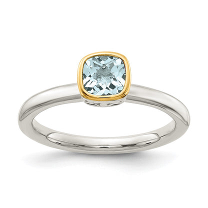 14K/Silver Two Tone Shey Couture Sterling Silver Rhodium Plated With 14K Accent Polished Cushion Cut Aquamarine Ring