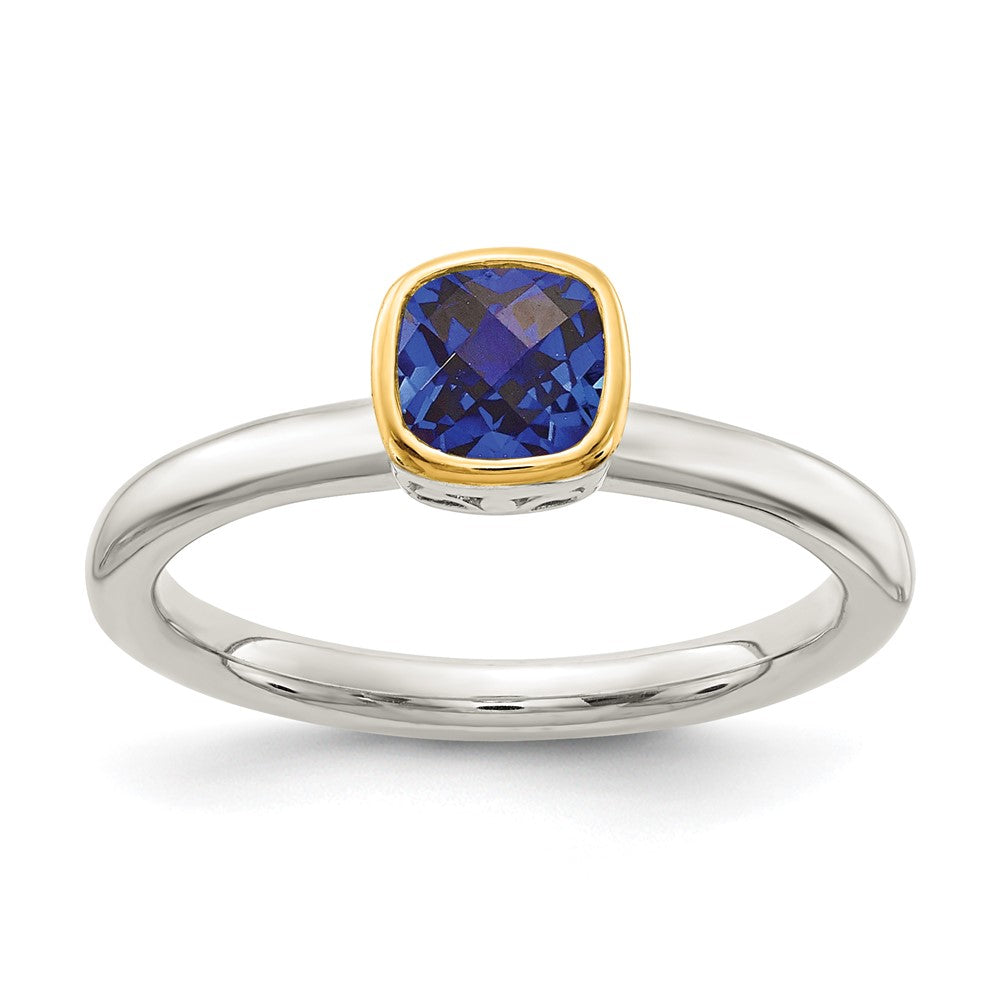14K/Silver Two Tone Shey Couture Sterling Silver Rhodium Plated With 14K Accent Polished Cushion Cut Created Sapphire Ring