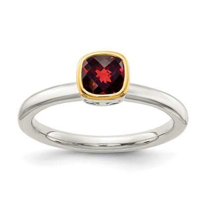 14K/Silver Two Tone Shey Couture Sterling Silver Rhodium Plated With 14K Accent Polished Cushion Cut Garnet Ring