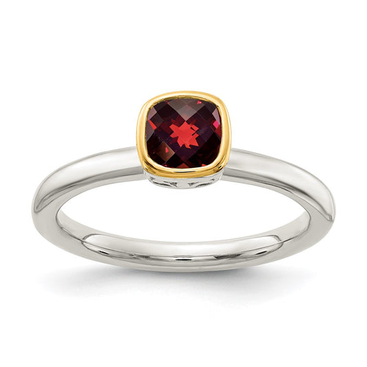 14K/Silver Two Tone Shey Couture Sterling Silver Rhodium Plated With 14K Accent Polished Cushion Cut Garnet Ring
