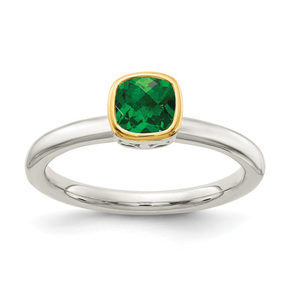 14K/Silver Two Tone Shey Couture Sterling Silver Rhodium Plated With 14K Accent Polished Cushion Cut Created Emerald Ring