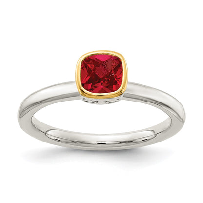 14K/Silver Two Tone Shey Couture Sterling Silver Rhodium Plated With 14K Accent Polished Cushion Cut Created Ruby Ring