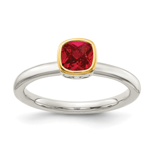 14K/Silver Two Tone Shey Couture Sterling Silver Rhodium Plated With 14K Accent Polished Cushion Cut Created Ruby Ring