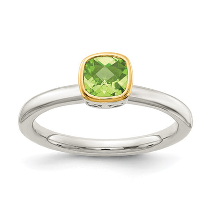 14K/Silver Two Tone Shey Couture Sterling Silver Rhodium Plated With 14K Accent Polished Cushion Cut Peridot Ring