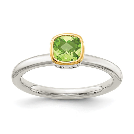 14K/Silver Two Tone Shey Couture Sterling Silver Rhodium Plated With 14K Accent Polished Cushion Cut Peridot Ring
