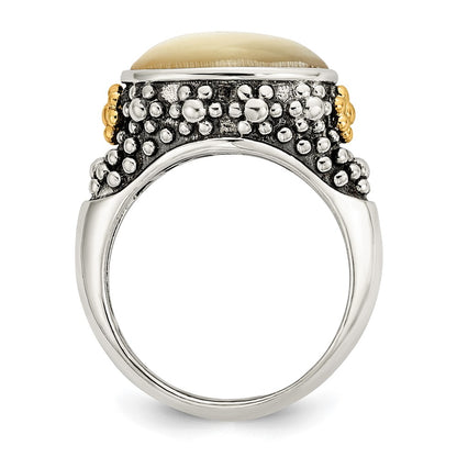 14K/Silver Two Tone Shey Couture Sterling Silver With 14K Accent Antiqued Floral Oval Mother Of Pearl Ring