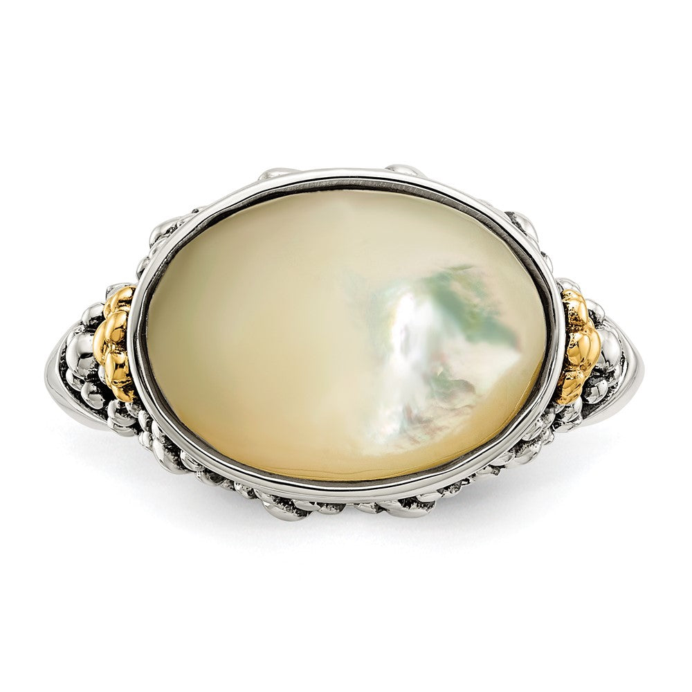 14K/Silver Two Tone Shey Couture Sterling Silver With 14K Accent Antiqued Floral Oval Mother Of Pearl Ring
