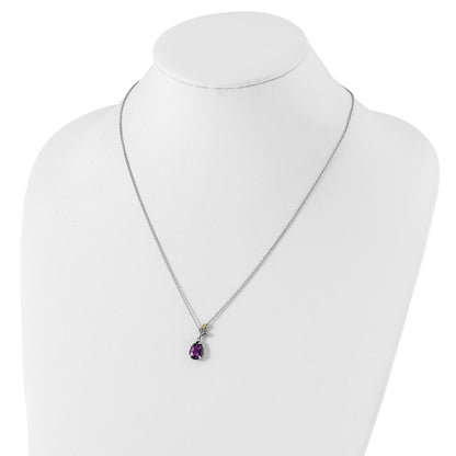 14K/Silver Two Tone Shey Couture Sterling Silver With 14K Accent 18 Inch Leaves Checkerboard Pear Shaped Amethyst Necklace 2 Extender