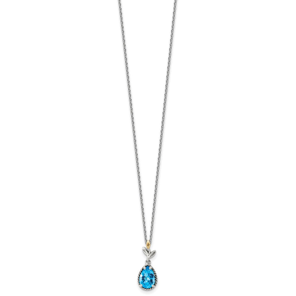 14K/Silver Two Tone Shey Couture Sterling Silver With 14K Accent 18 Inch Leaves Pear Shape Checkerboard Blue Topaz Necklace 2 Extender