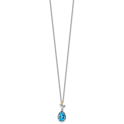 14K/Silver Two Tone Shey Couture Sterling Silver With 14K Accent 18 Inch Leaves Pear Shape Checkerboard Blue Topaz Necklace 2 Extender