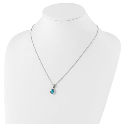 14K/Silver Two Tone Shey Couture Sterling Silver With 14K Accent 18 Inch Leaves Pear Shape Checkerboard Blue Topaz Necklace 2 Extender