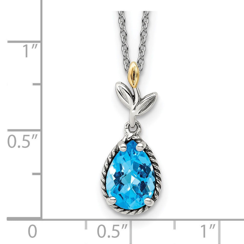 14K/Silver Two Tone Shey Couture Sterling Silver With 14K Accent 18 Inch Leaves Pear Shape Checkerboard Blue Topaz Necklace 2 Extender