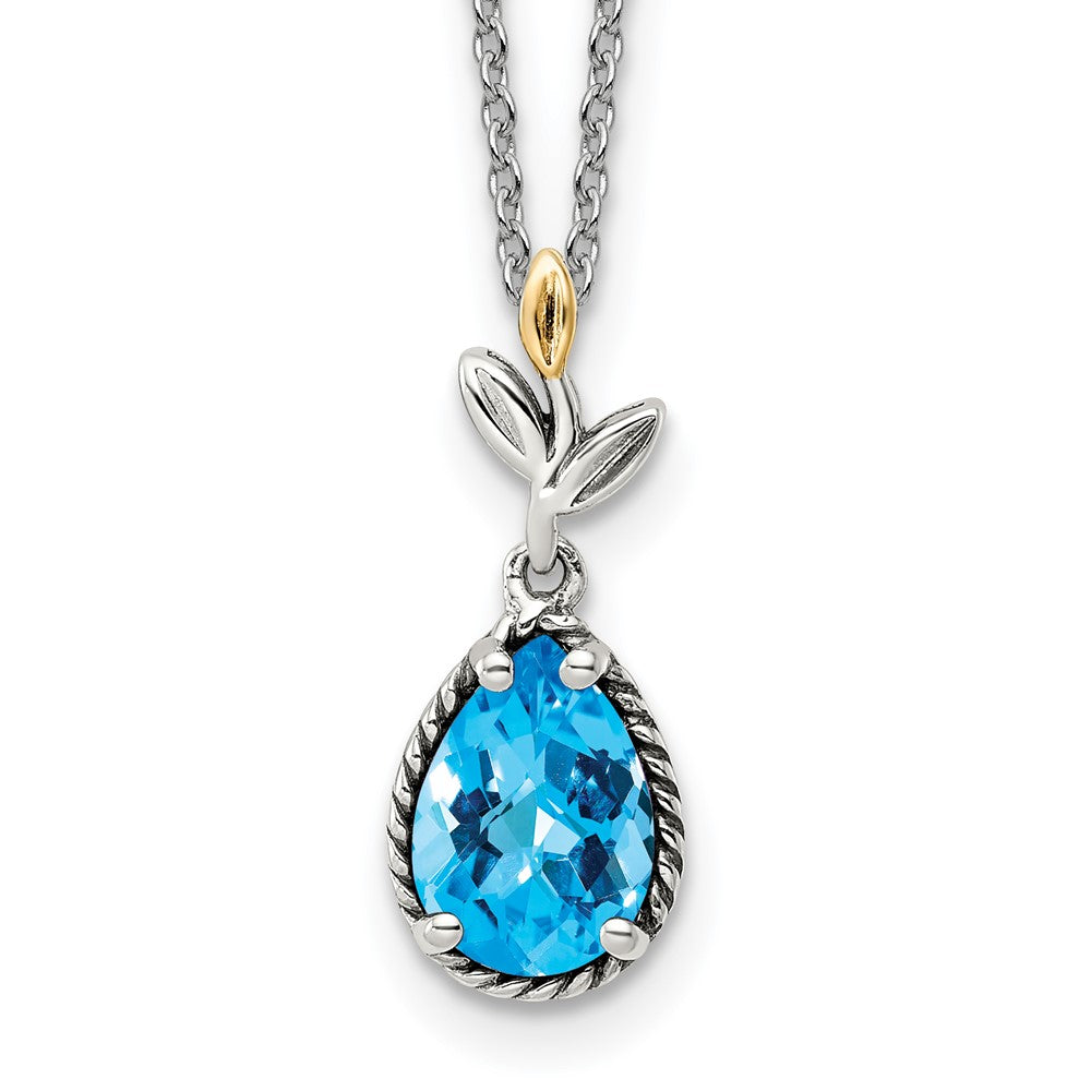 14K/Silver Two Tone Shey Couture Sterling Silver With 14K Accent 18 Inch Leaves Pear Shape Checkerboard Blue Topaz Necklace 2 Extender