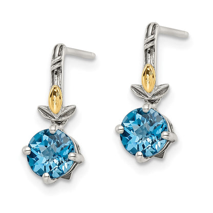 14K/Silver Two Tone Shey Couture Sterling Silver With 14K Accent Antiqued Round Light Swiss Blue Topaz Post Earrings