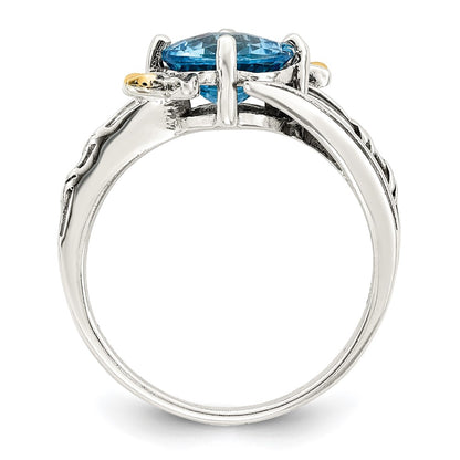 14K/Silver Two Tone Shey Couture Sterling Silver With 14K Accent Antiqued Leaves Round Light Swiss Blue Topaz Ring