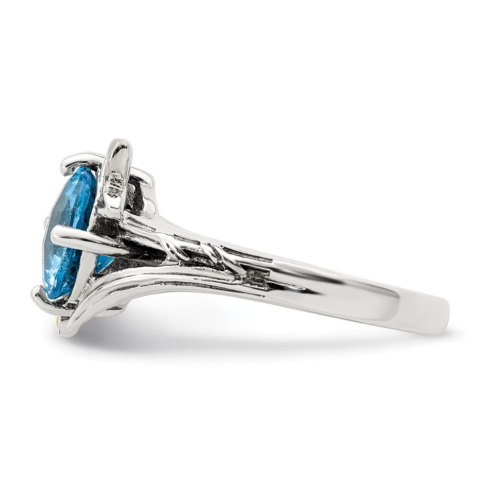 14K/Silver Two Tone Shey Couture Sterling Silver With 14K Accent Antiqued Leaves Round Light Swiss Blue Topaz Ring
