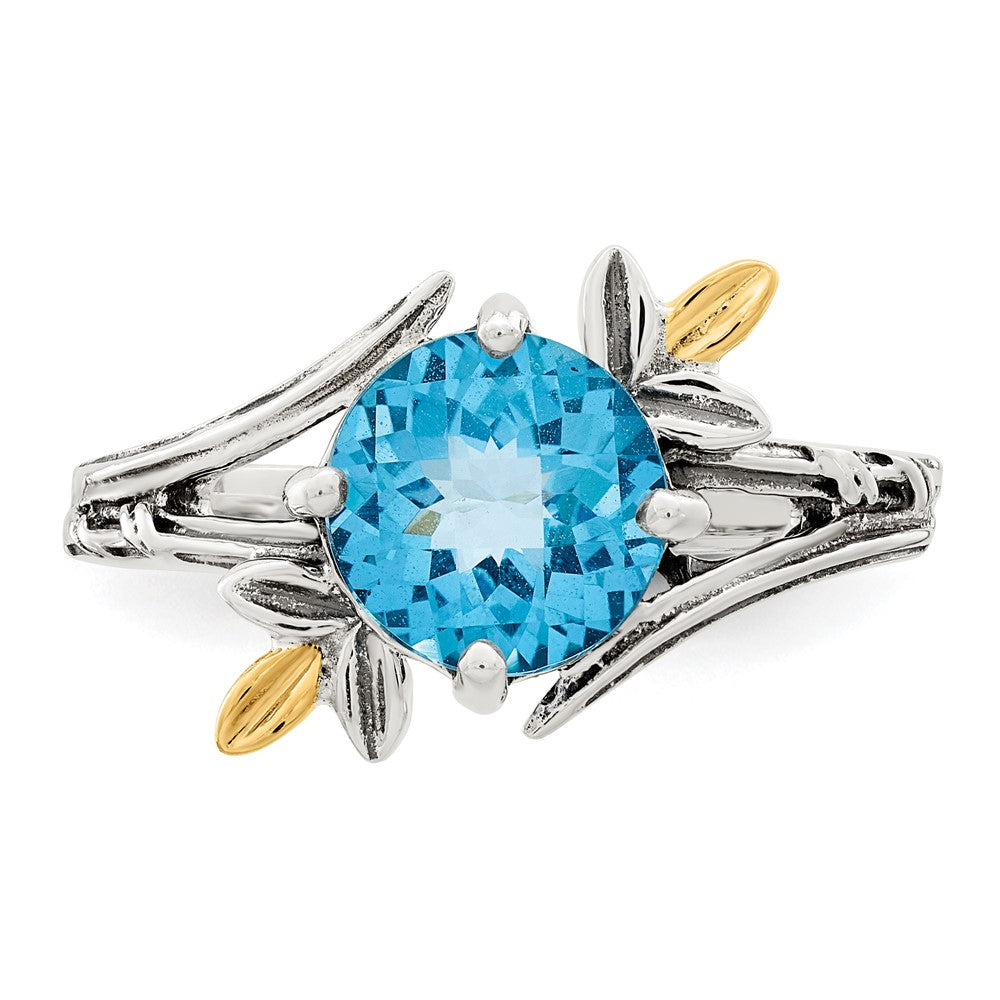 14K/Silver Two Tone Shey Couture Sterling Silver With 14K Accent Antiqued Leaves Round Light Swiss Blue Topaz Ring