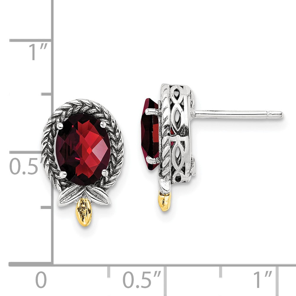14K/Silver Two Tone Shey Couture Sterling Silver With 14K Accent Antiqued Checkerboard Oval Garnet Post Earrings