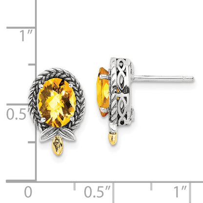 14K/Silver Two Tone Shey Couture Sterling Silver With 14K Accent Antiqued Braided Oval Citrine Post Earrings
