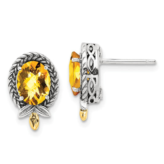 14K/Silver Two Tone Shey Couture Sterling Silver With 14K Accent Antiqued Braided Oval Citrine Post Earrings