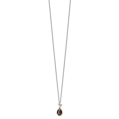 14K/Silver Two Tone Shey Couture Sterling Silver With 14K Accent 18 Inch Leaves Pear Shaped Checkerboard Smoky Quartz Necklace 2 Extender