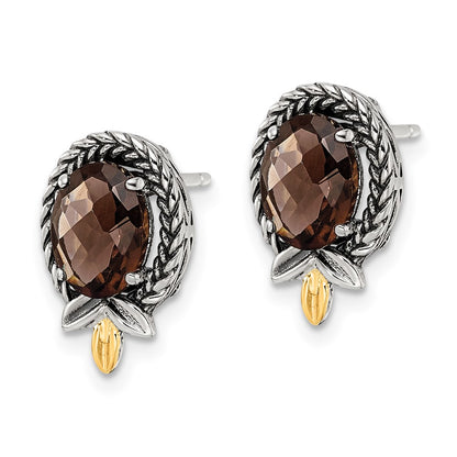 14K/Silver Two Tone Shey Couture Sterling Silver With 14K Accent Antiqued Braided Checkerboard Oval Post Earrings