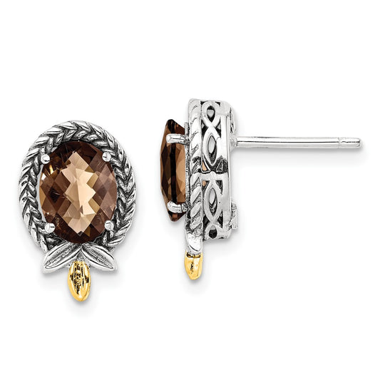 14K/Silver Two Tone Shey Couture Sterling Silver With 14K Accent Antiqued Braided Checkerboard Oval Post Earrings