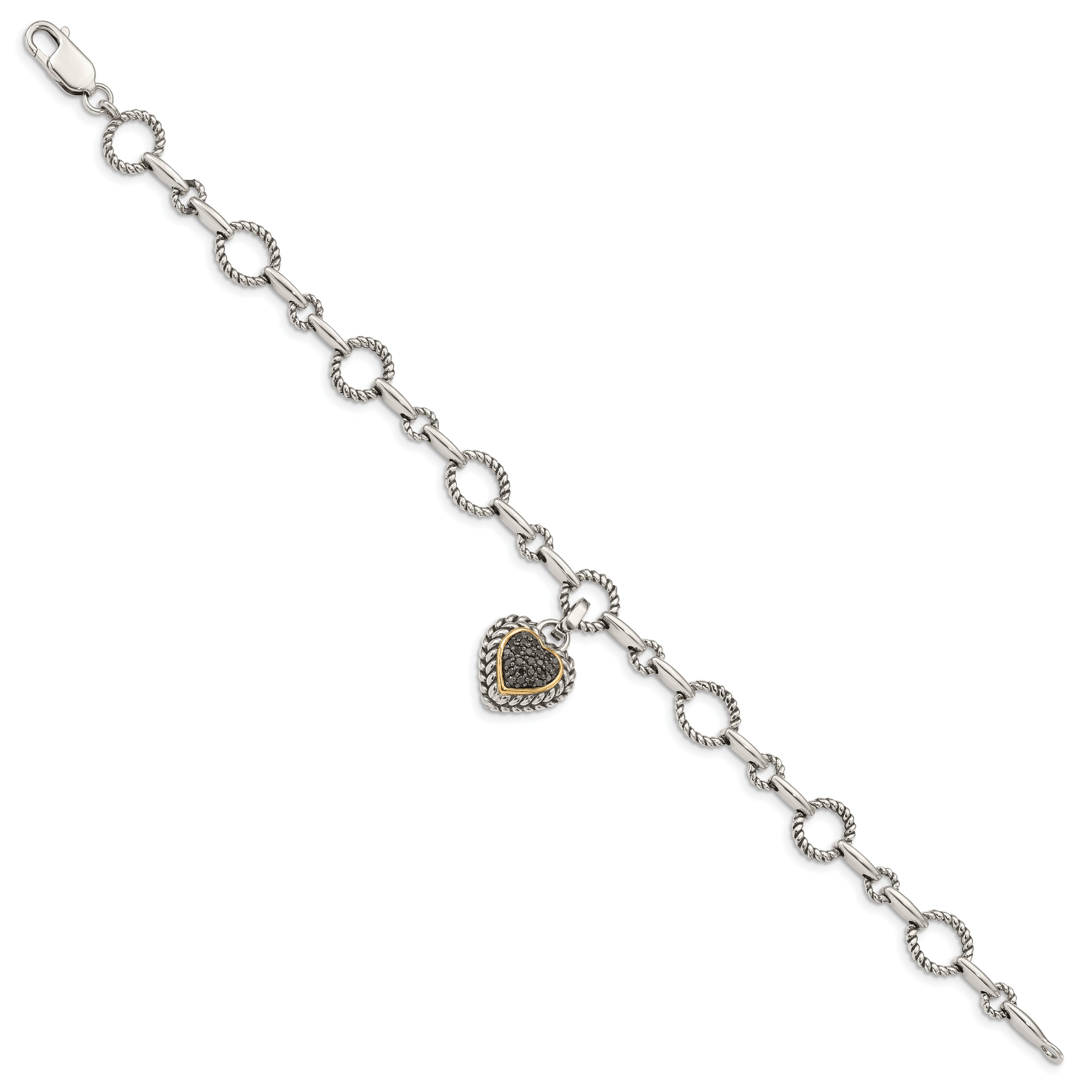 14K/Silver Two Tone Shey Couture Sterling Silver With 14K Accent 8 Inch Antiqued Black Diamond Heart Link Bracelet