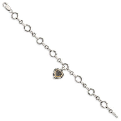 14K/Silver Two Tone Shey Couture Sterling Silver With 14K Accent 8 Inch Antiqued Black Diamond Heart Link Bracelet