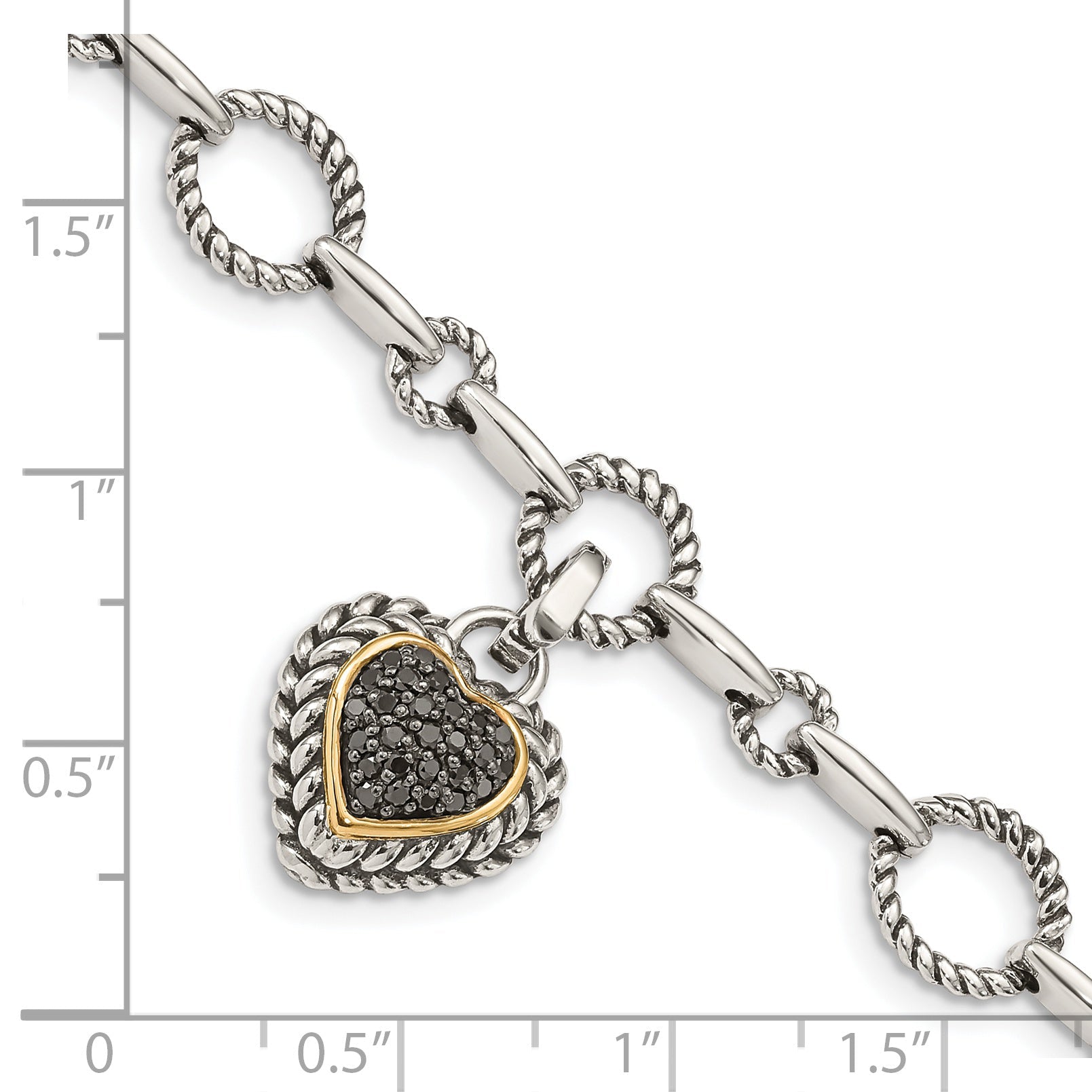 14K/Silver Two Tone Shey Couture Sterling Silver With 14K Accent 8 Inch Antiqued Black Diamond Heart Link Bracelet