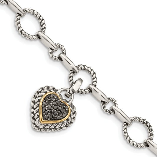 14K/Silver Two Tone Shey Couture Sterling Silver With 14K Accent 8 Inch Antiqued Black Diamond Heart Link Bracelet