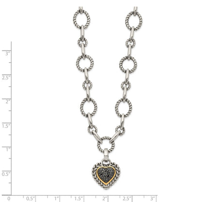 14K/Silver Two Tone Shey Couture Sterling Silver With 14K Accent 17 Inch Antiqued Black Diamond Heart Drop Necklace