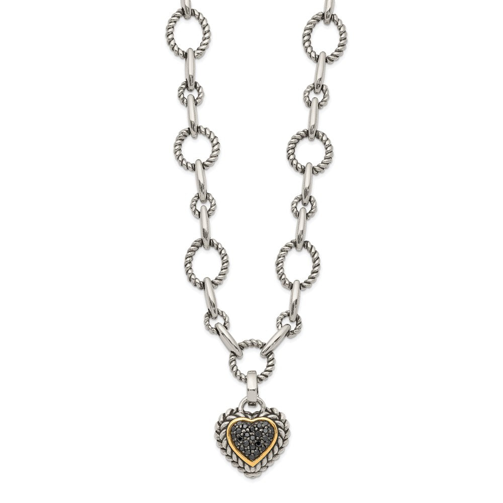 14K/Silver Two Tone Shey Couture Sterling Silver With 14K Accent 17 Inch Antiqued Black Diamond Heart Drop Necklace