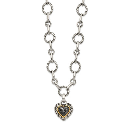 14K/Silver Two Tone Shey Couture Sterling Silver With 14K Accent 17 Inch Antiqued Black Diamond Heart Drop Necklace