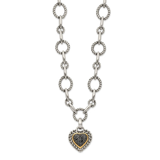 14K/Silver Two Tone Shey Couture Sterling Silver With 14K Accent 17 Inch Antiqued Black Diamond Heart Drop Necklace