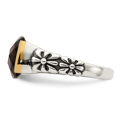 14K/Silver Two Tone Shey Couture Sterling Silver With 14K Accent Antiqued Cushion Checkerboard Smoky Quartz Ring