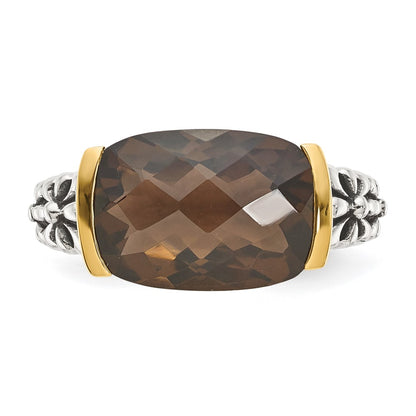 14K/Silver Two Tone Shey Couture Sterling Silver With 14K Accent Antiqued Cushion Checkerboard Smoky Quartz Ring