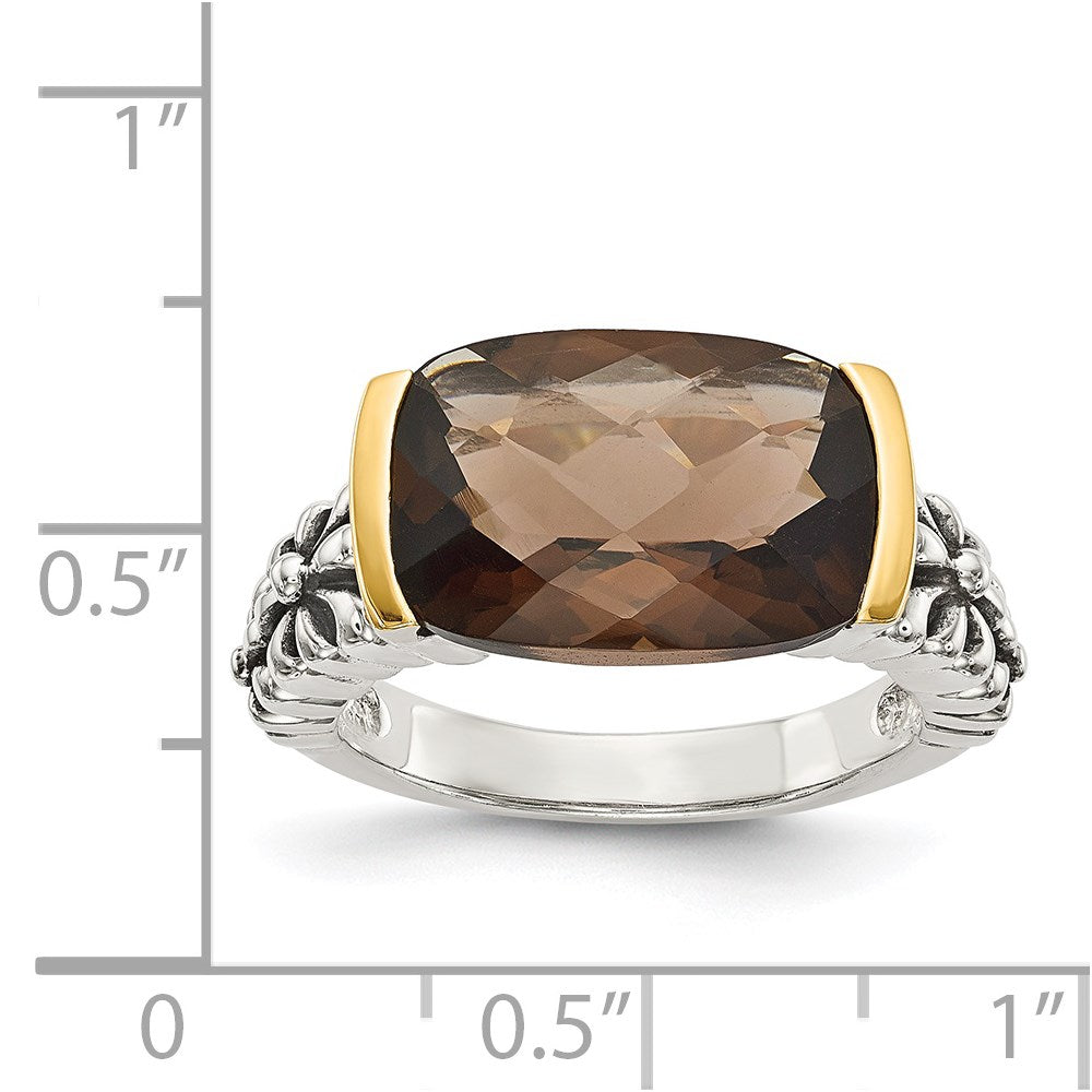 14K/Silver Two Tone Shey Couture Sterling Silver With 14K Accent Antiqued Cushion Checkerboard Smoky Quartz Ring