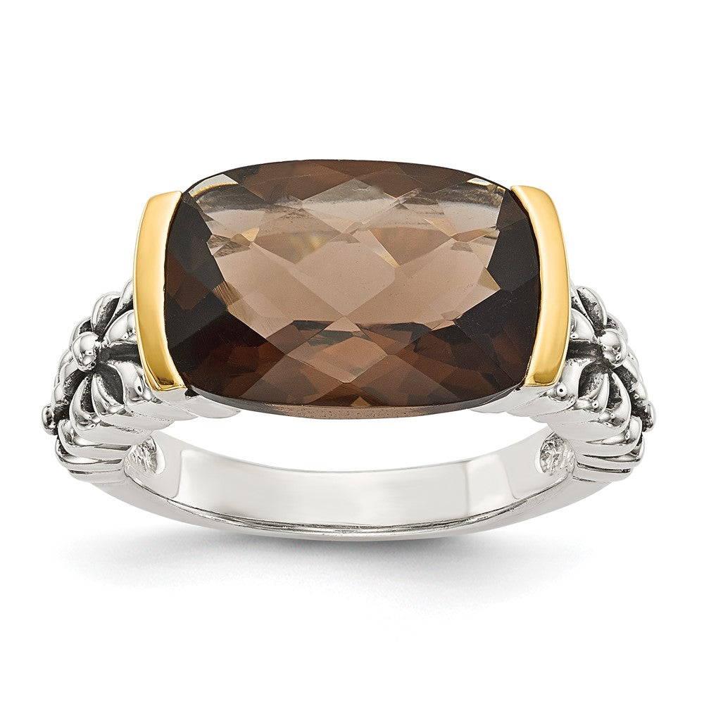 14K/Silver Two Tone Shey Couture Sterling Silver With 14K Accent Antiqued Cushion Checkerboard Smoky Quartz Ring