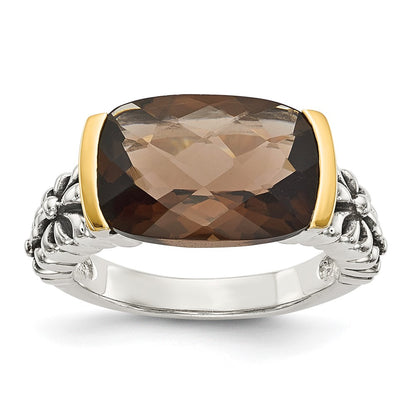 14K/Silver Two Tone Shey Couture Sterling Silver With 14K Accent Antiqued Cushion Checkerboard Smoky Quartz Ring