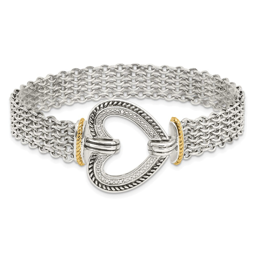 14K/Silver Two Tone Shey Couture Sterling Silver With 14K Accent 7.75 Inch Antiqued Diamond Heart Bracelet