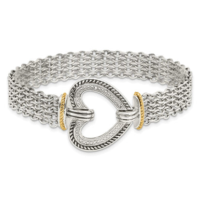 14K/Silver Two Tone Shey Couture Sterling Silver With 14K Accent 7.75 Inch Antiqued Diamond Heart Bracelet
