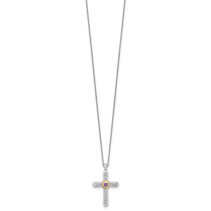 Ss Rhodium Plated W/ 14K/Silver Two-Tone Accent Textured Amethyst Cross Necklace
